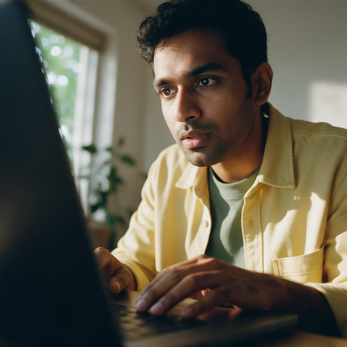 An aydya filmmaker working at a laptop in morning light
