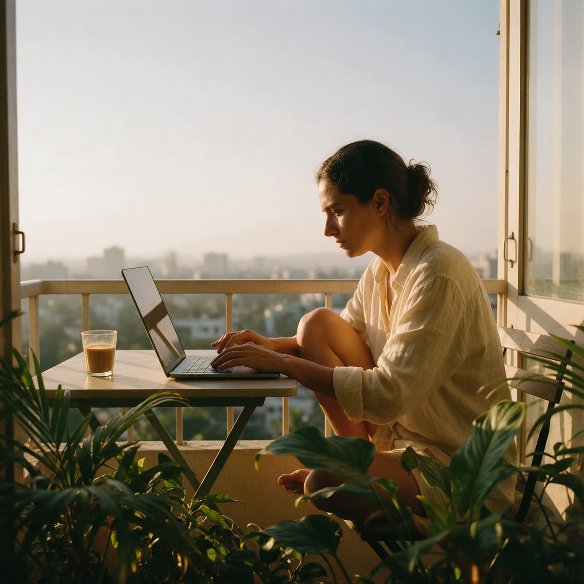 Working from a balcony above Bengaluru at golden hour