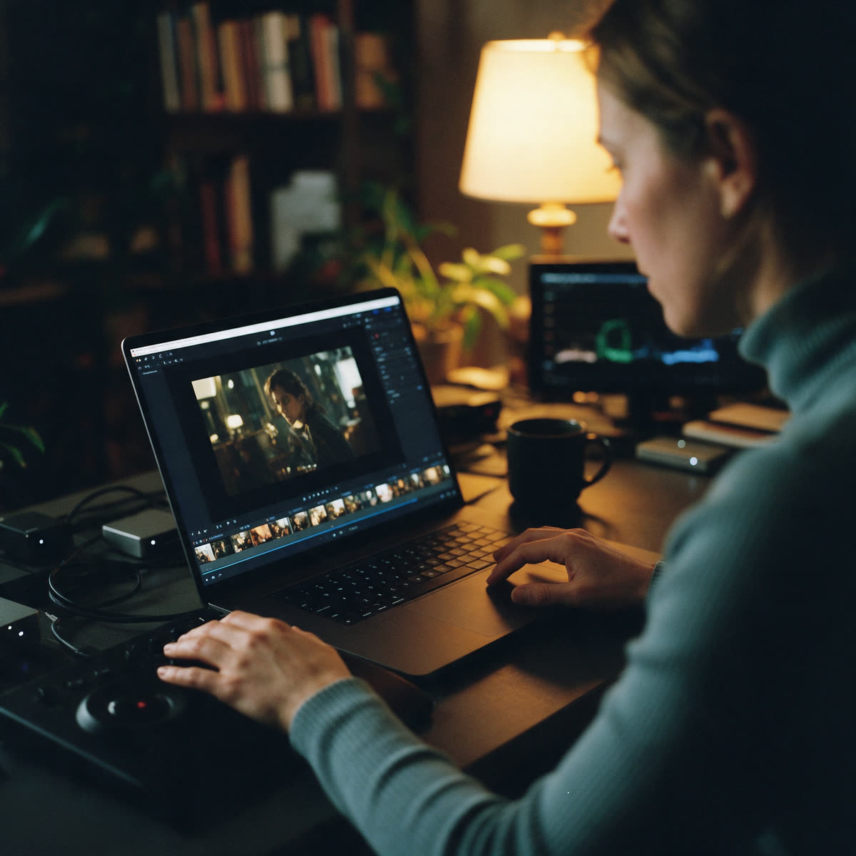 An editor reviewing a cut on a colour grading timeline